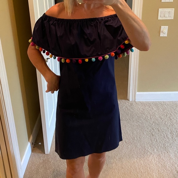 Strapless Navy dress with colorful Pom poms - Picture 1 of 5